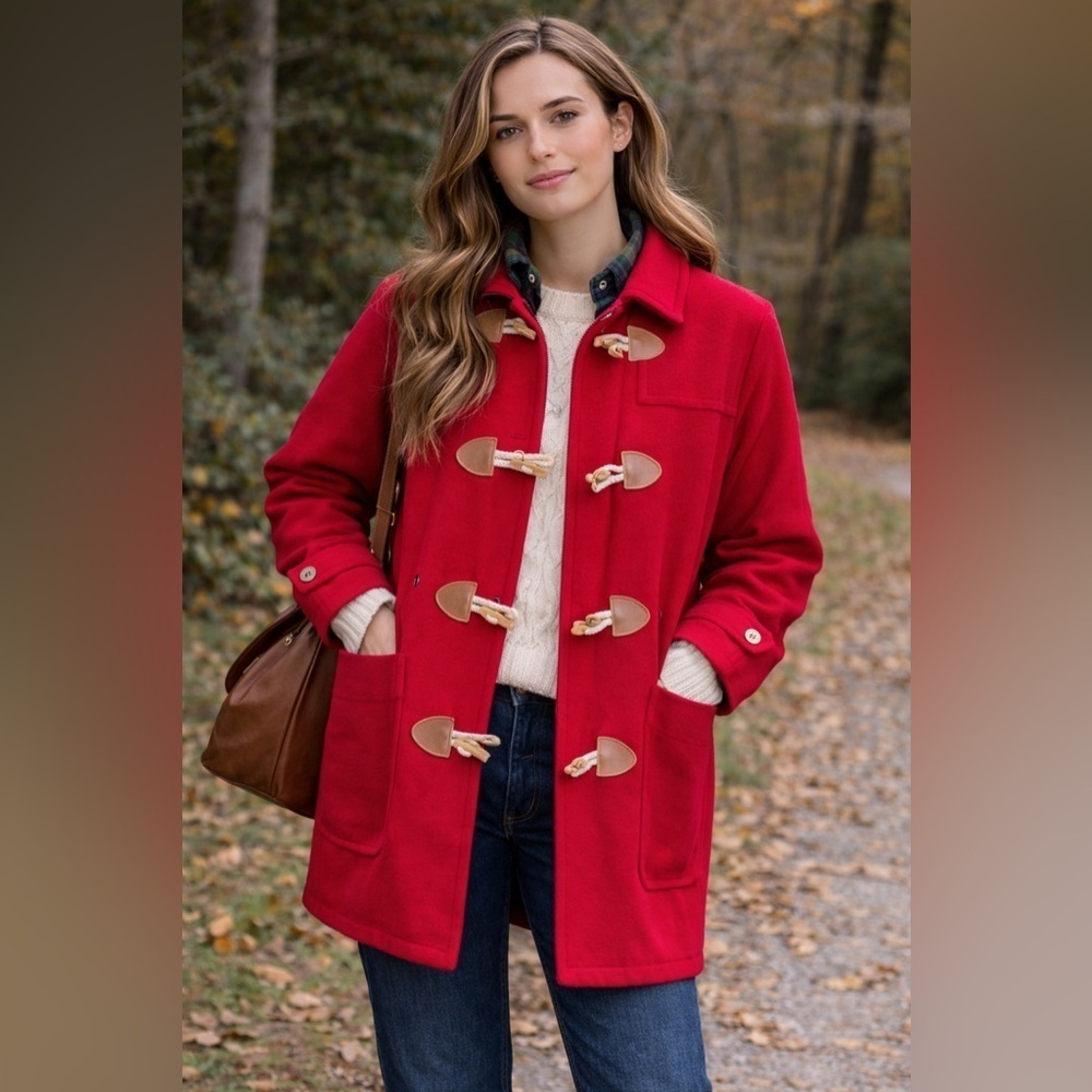 Vintage Eddie Bauer Womens Duffle Coat Sz Medium Red Wool Toggle USA Made Jacket